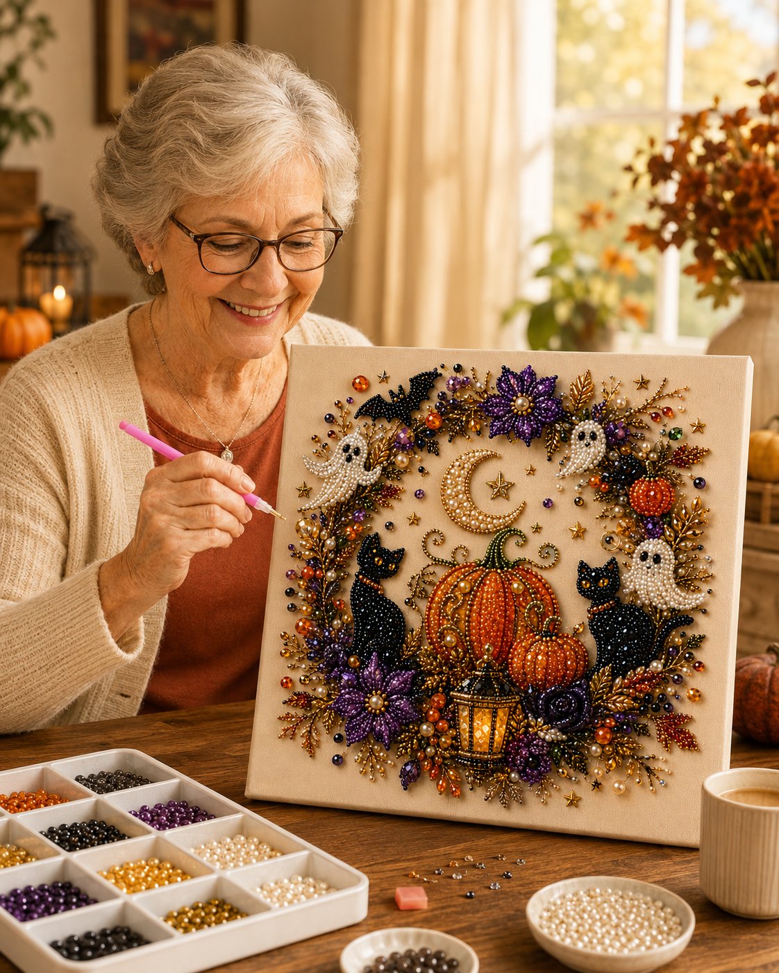 👻✨🎃 Halloween Pearl Painting Kit – 5D DIY Beaded Art Craft Set with Full Tools ✨ | Spooky Pumpkin, Witch & Black Cat Design 🕯️ | Festive Wall Decor & Unique Gift for Adults & Teens 🎁