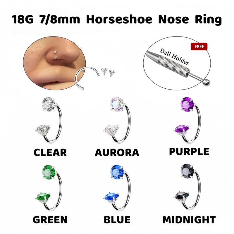 🔥New Hot Selling❤️🔥 7-pack affordable set 18G (1.0 mm) 8 mm horseshoe nose ring with internal thread and decorative stones 💎