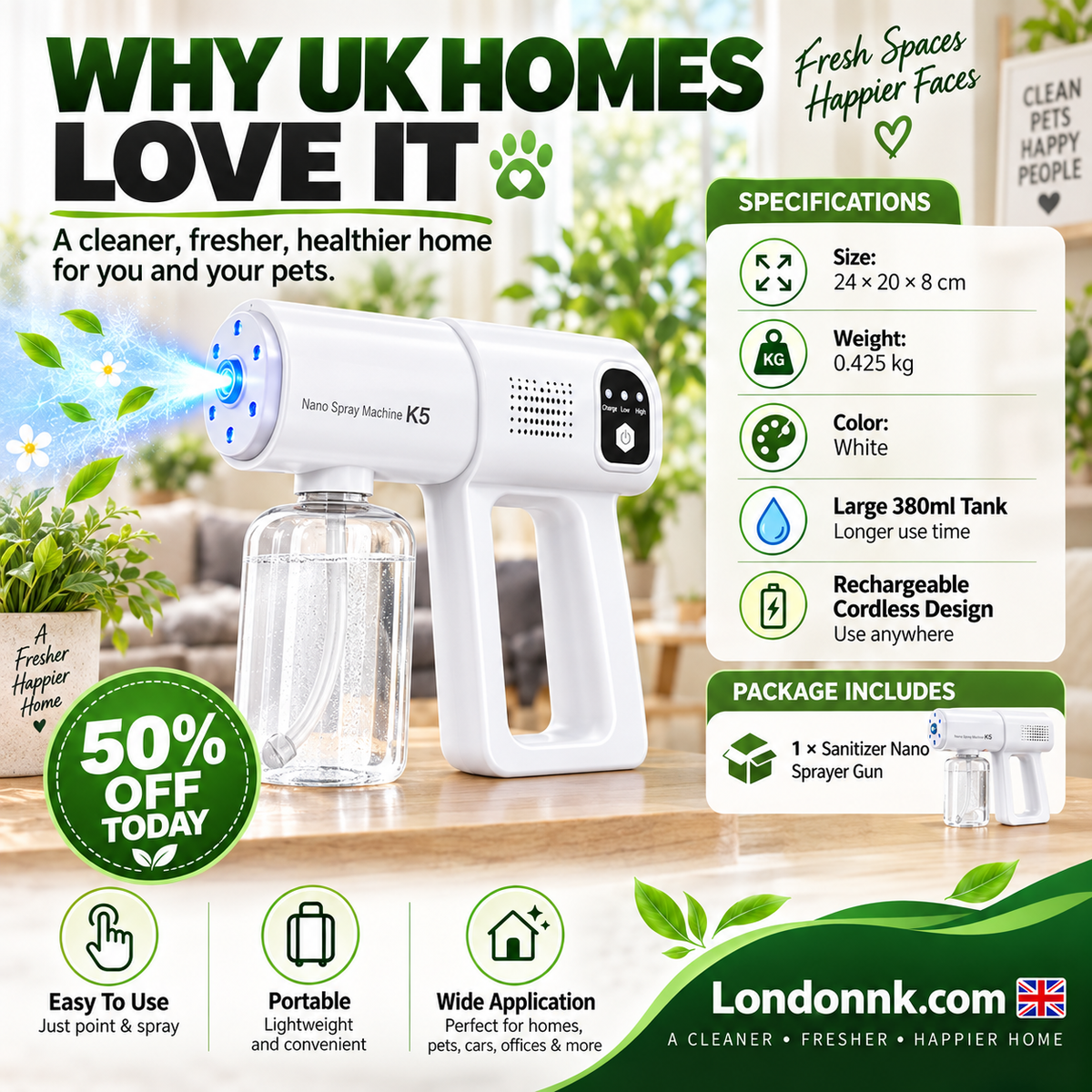 🥳2026 HOT SALE🥳💞50K+ SOLD! 💨🛡️ 50% OFF! Sanitizer Nano Sprayer Gun – ultra-fine nano mist covers surfaces fast, no wiping needed. 380ml large tank lasts longer – less refilling, more protecting. Just point & spray! 🏠✅