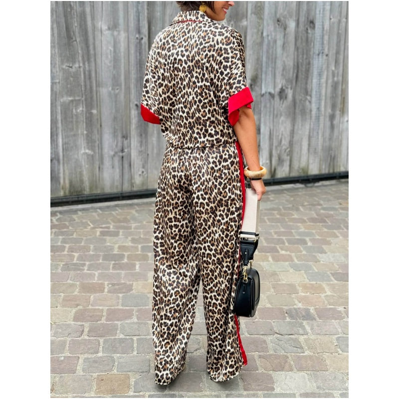 🌸Spring Hot Sale 50% OFF💐 Women's 2-Piece Leopard Print Outfit Button-Down Shirt & Wide-Leg Pants