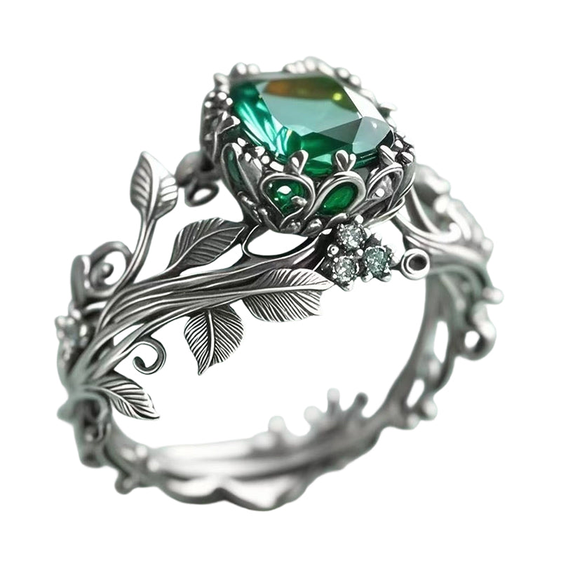 Green Synthetic Crystal Ring with Intricate Leaf