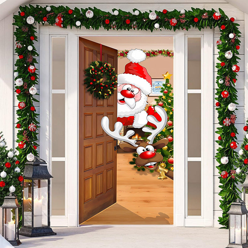 Christmas Door Cover - Santa & Reindeer Stretch Fabric Door Banner with 4-Side Elastic Edges, DIY Door Handle Cutout, Slip-On Front Door Holiday Decor