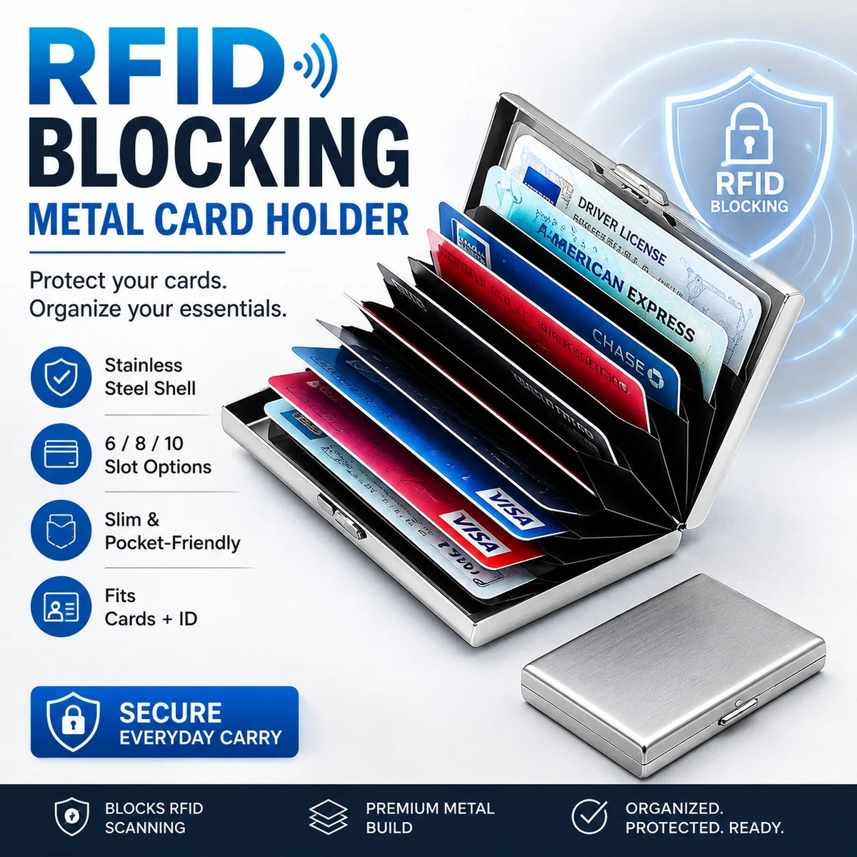 💰 Price Drop! RFID-blocking card holder – stainless steel, slim design, 3 capacities. 📇✨