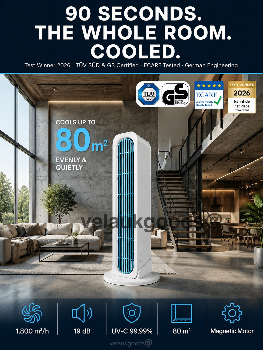 ❄️【Cool the Entire Room in 90 Seconds】Tower Fan—an air conditioner that can be used in both upright and horizontal positions
