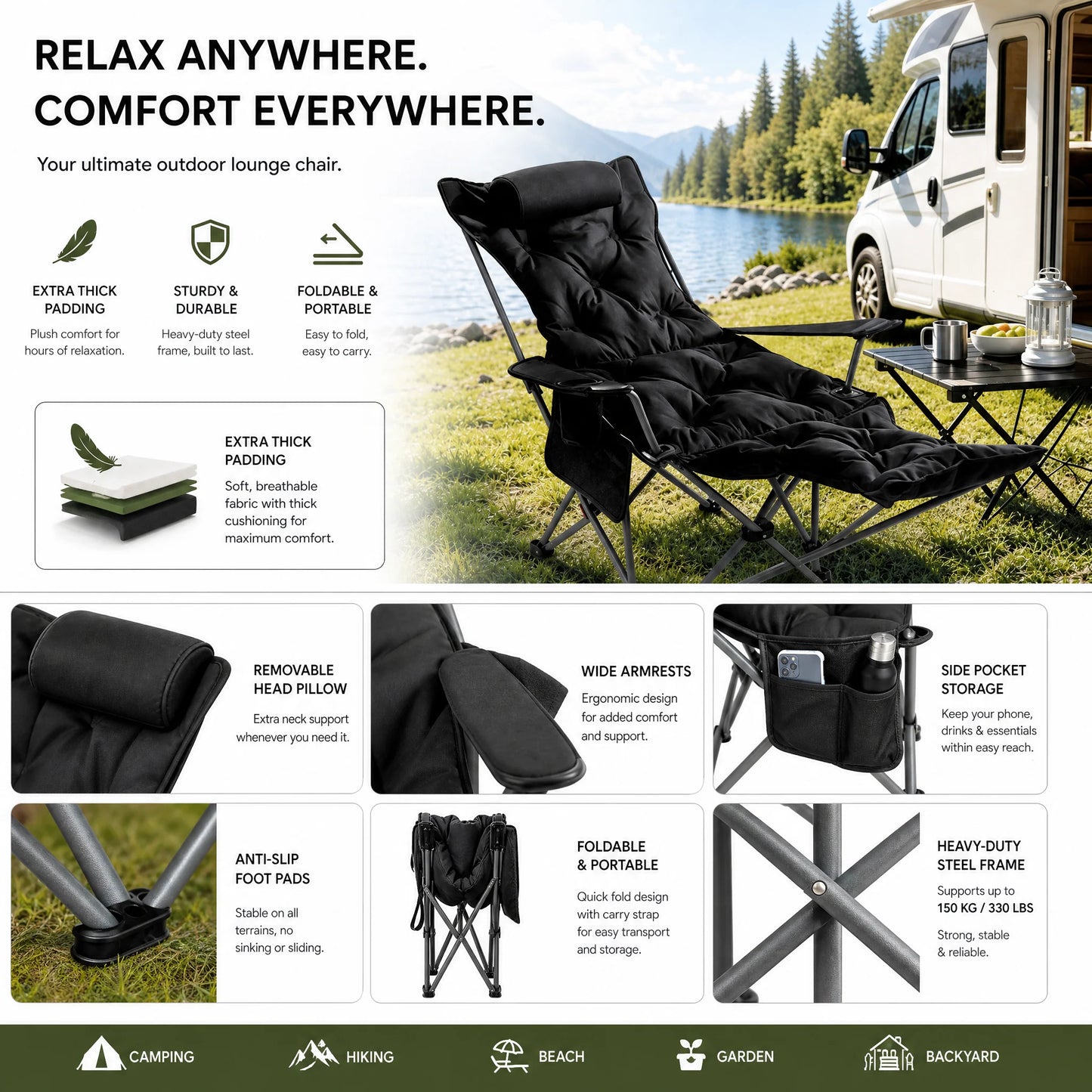🪑 Portable Adjustable Folding Outdoor Chair – Lightweight, Sturdy & Versatile – Ideal for the Garden, Camping, the Beach, or the Patio – Easy to Carry and Set Up 🏕️✨