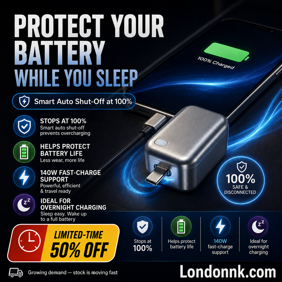 ⏳Limited-time 50% off⏰Protect Your Battery While You Sleep — Smart Auto Shut-Off at 100% Charge🛡️🔋