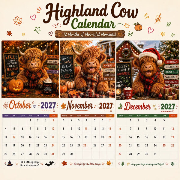 🥳2026 HOT SALE🥳💞50K+ SOLD!🐮📅 50% OFF! 2027 Funny Highland Cow Wall Calendar – 12 exclusive seasonal designs, A4 spiral binding. A smile on your wall every month! 😂✨