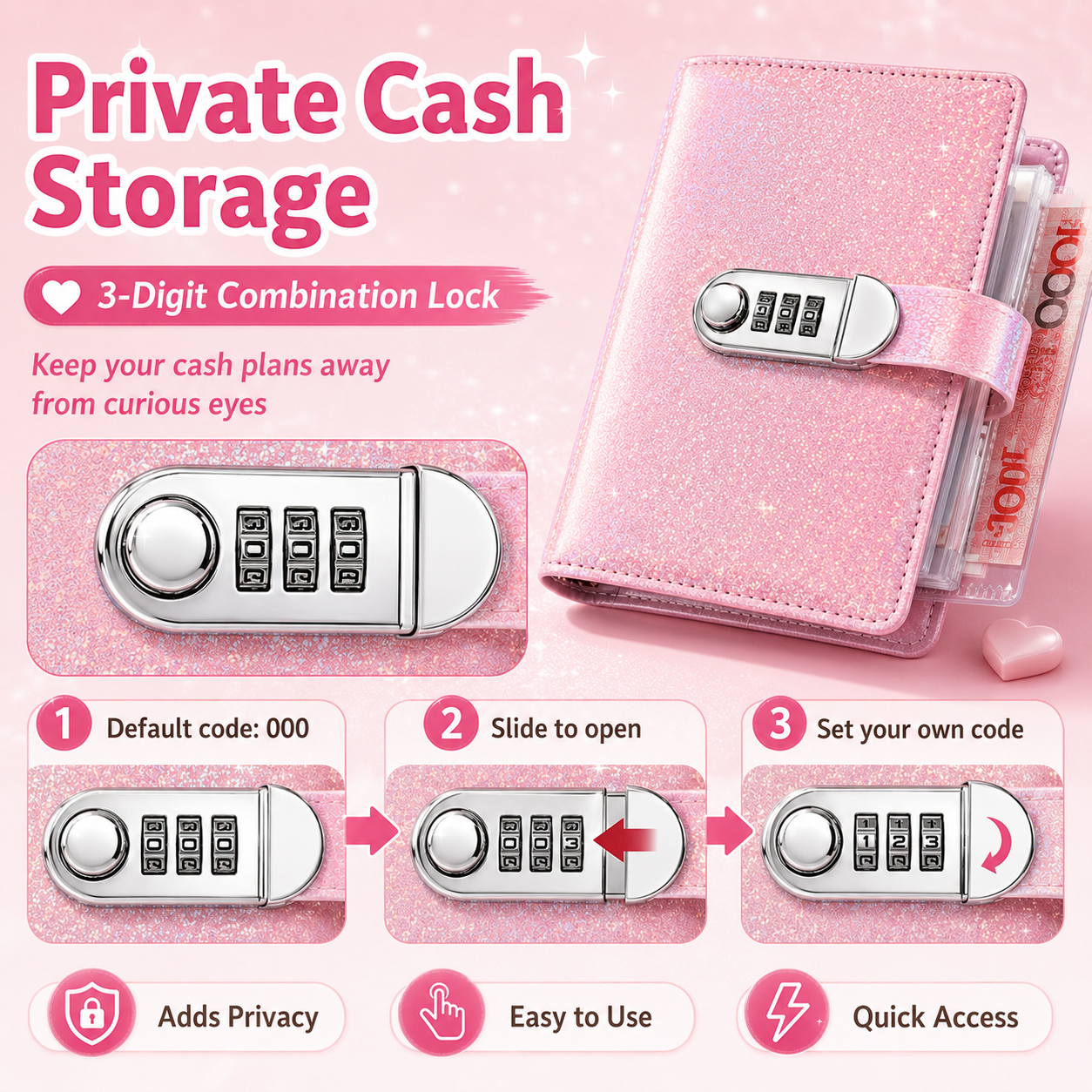 ✨ SparkleLock Cash Savings Binder with 3-Digit Combination Lock – 100-Page Cash Stuffing Budget Organizer for Savings Challenges, Money Goals & Gifts 💖