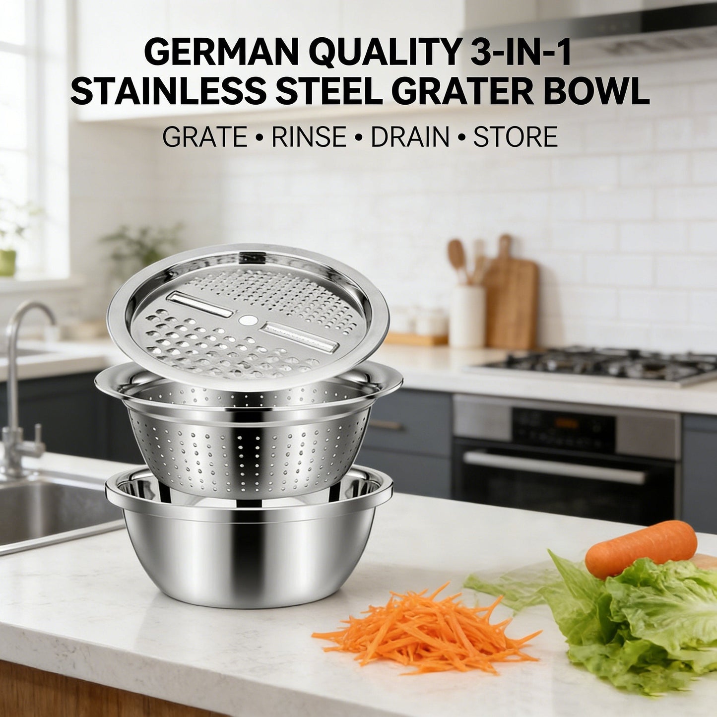 🔥HOT SALE 49% OFF-🌞🍴German Quality 3-in-1 Stainless Steel Grater Bowl | Food Safe | Dishwasher Safe