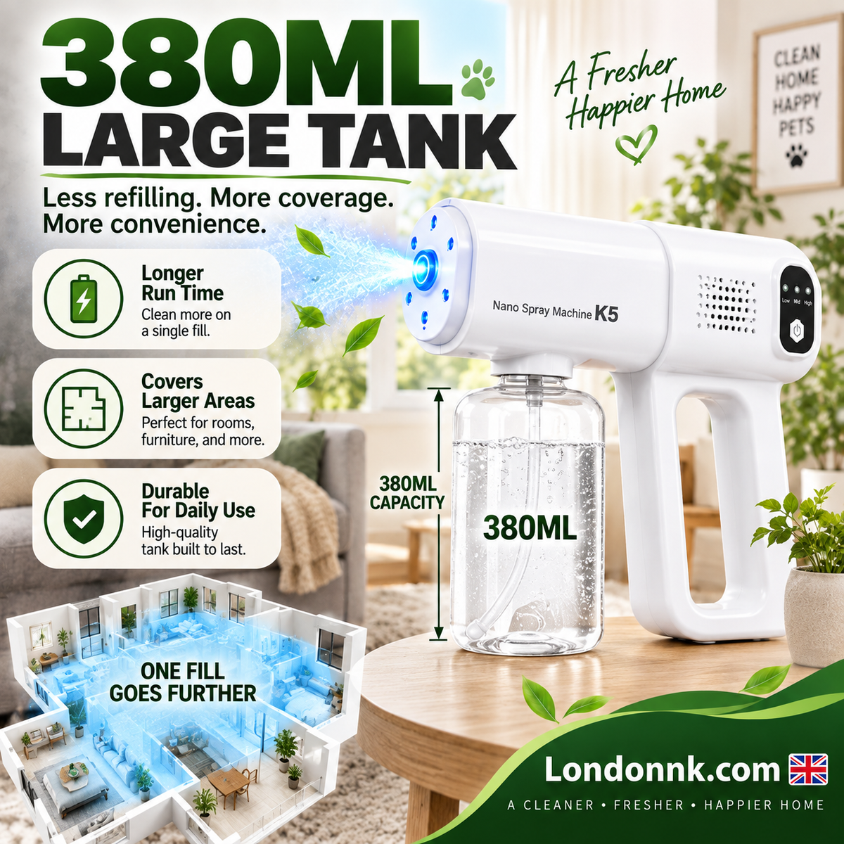 🥳2026 HOT SALE🥳💞50K+ SOLD! 💨🛡️ 50% OFF! Sanitizer Nano Sprayer Gun – ultra-fine nano mist covers surfaces fast, no wiping needed. 380ml large tank lasts longer – less refilling, more protecting. Just point & spray! 🏠✅