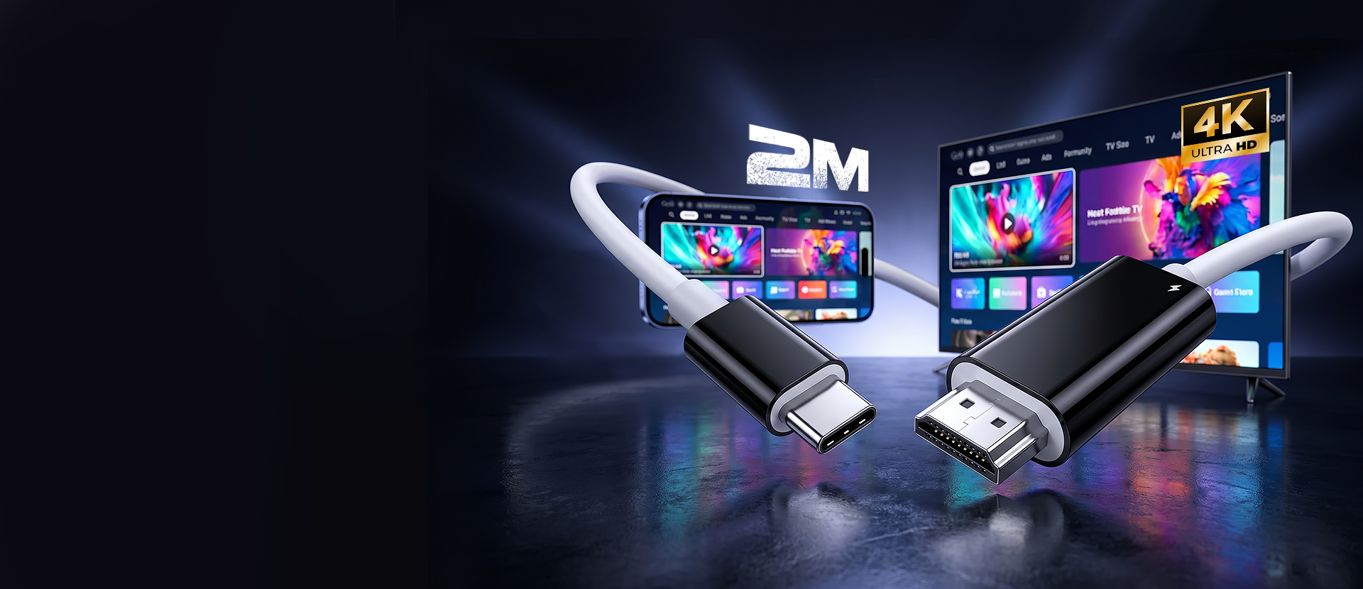 USB-C to HDMI display cable connected to a larger screen