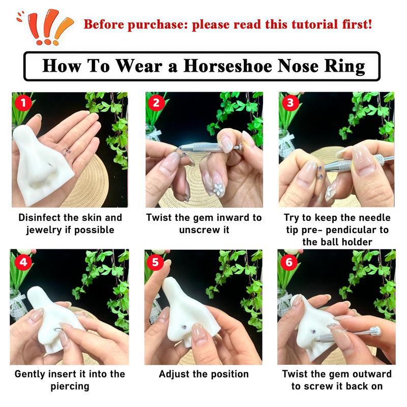 🔥New Hot Selling❤️‍🔥 7-pack affordable set 18G (1.0 mm) 8 mm horseshoe nose ring with internal thread and decorative stones 💎