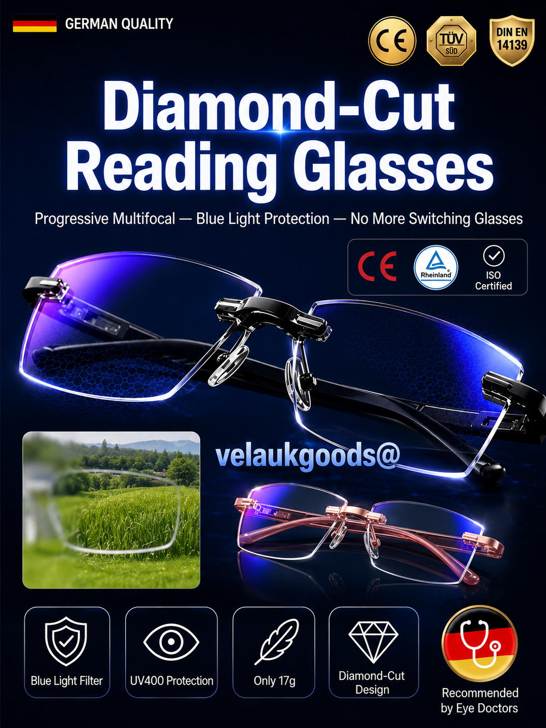 🔥Ultra-lightweight rimless reading glasses with diamond-cut lenses.