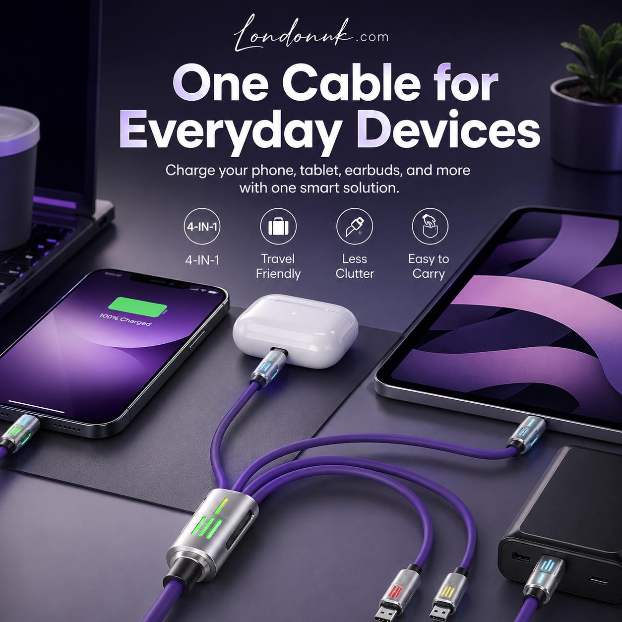 ⚡ 4-in-1 cable. Fast charge. LED glow. Screen mirror. Durable. 50% OFF. 🔌