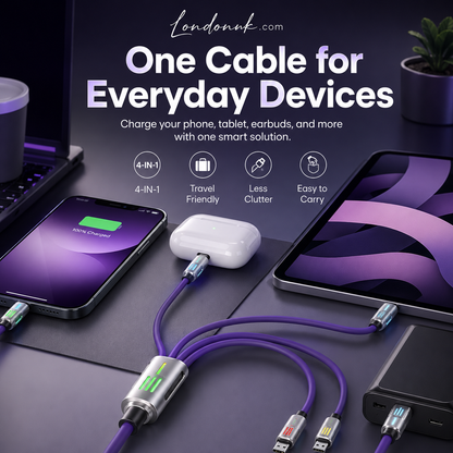 ⚡ 4-in-1 cable. Fast charge. LED glow. Screen mirror. Durable. 50% OFF. 🔌