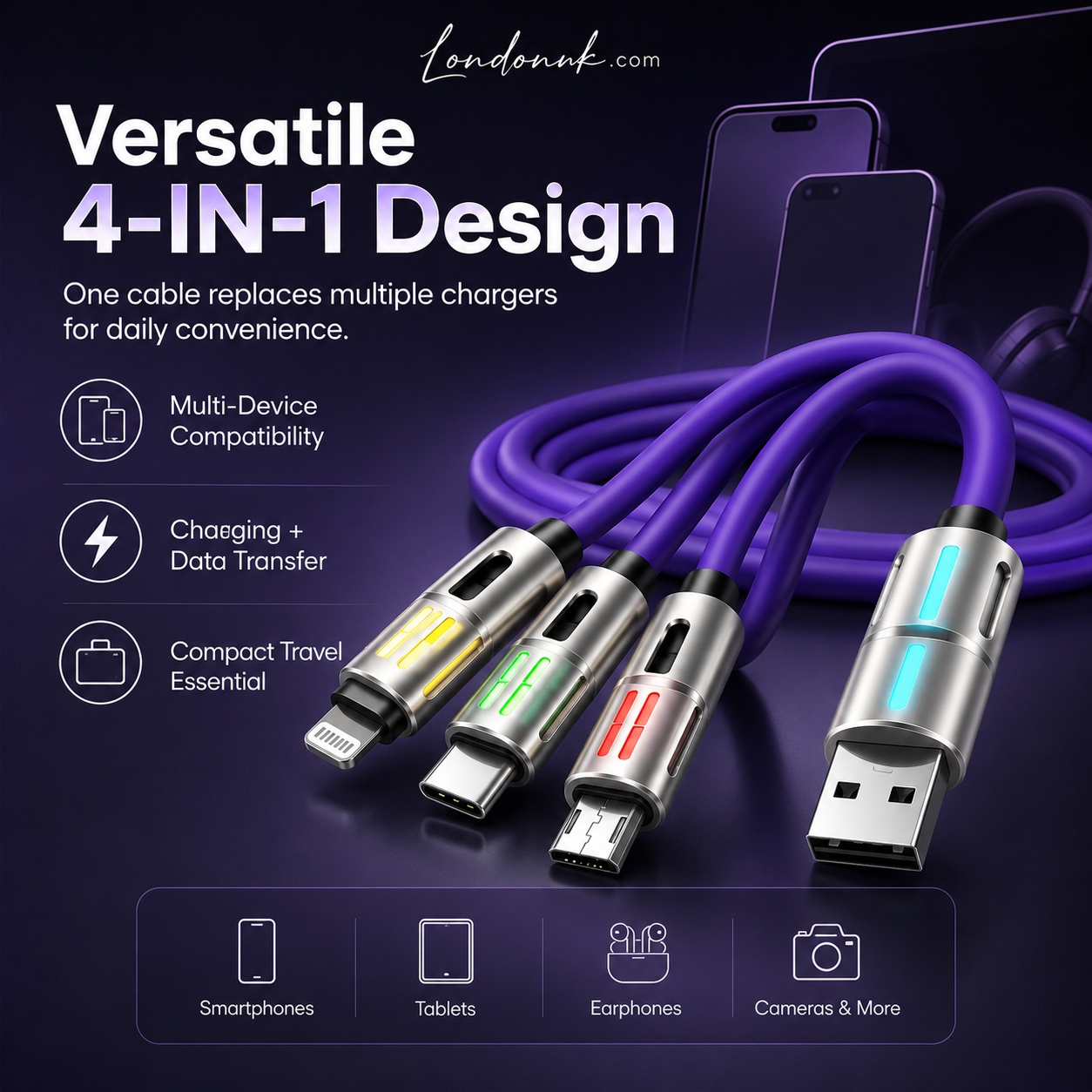 ⚡ 4-in-1 cable. Fast charge. LED glow. Screen mirror. Durable. 50% OFF. 🔌