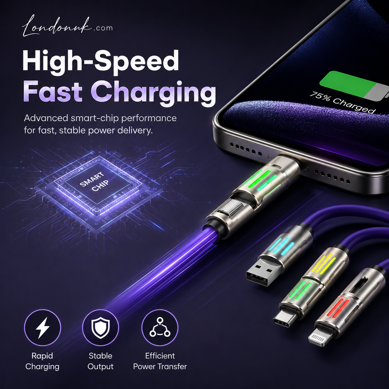 ⚡ 4-in-1 cable. Fast charge. LED glow. Screen mirror. Durable. 50% OFF. 🔌