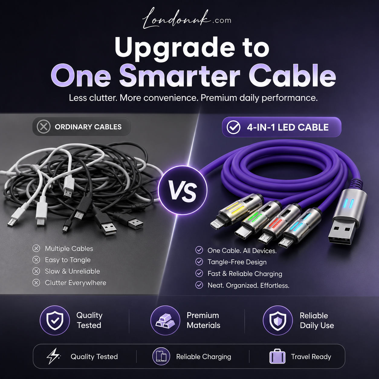 ⚡ 4-in-1 cable. Fast charge. LED glow. Screen mirror. Durable. 50% OFF. 🔌
