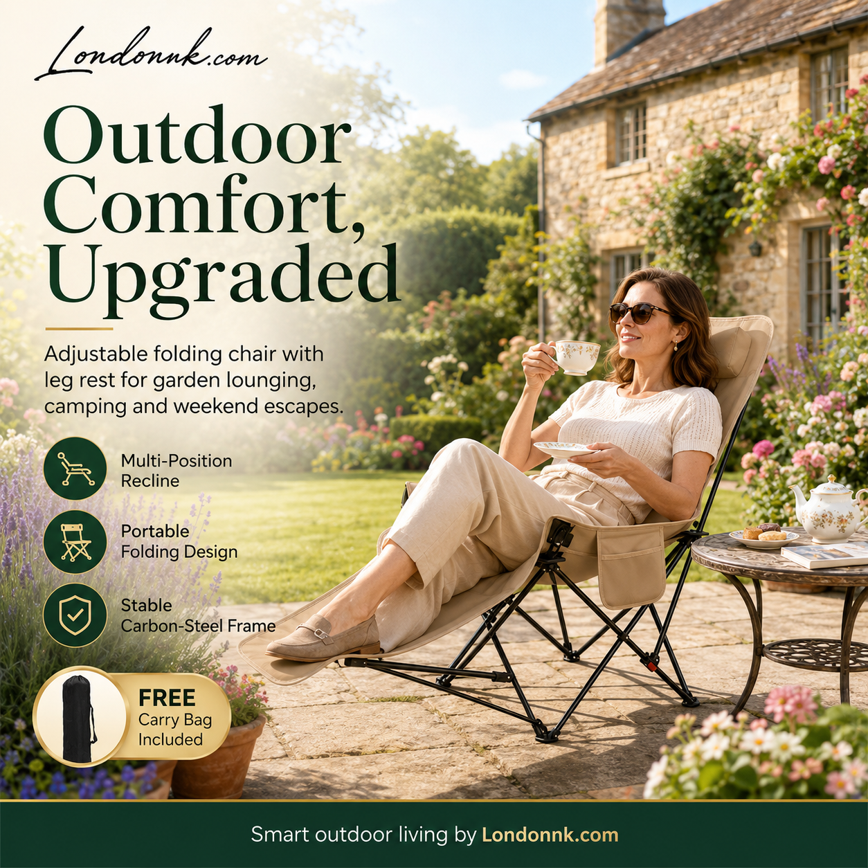 🪑 Portable Adjustable Folding Outdoor Chair – Lightweight, Sturdy & Versatile – Ideal for the Garden, Camping, the Beach, or the Patio – Easy to Carry and Set Up 🏕️✨