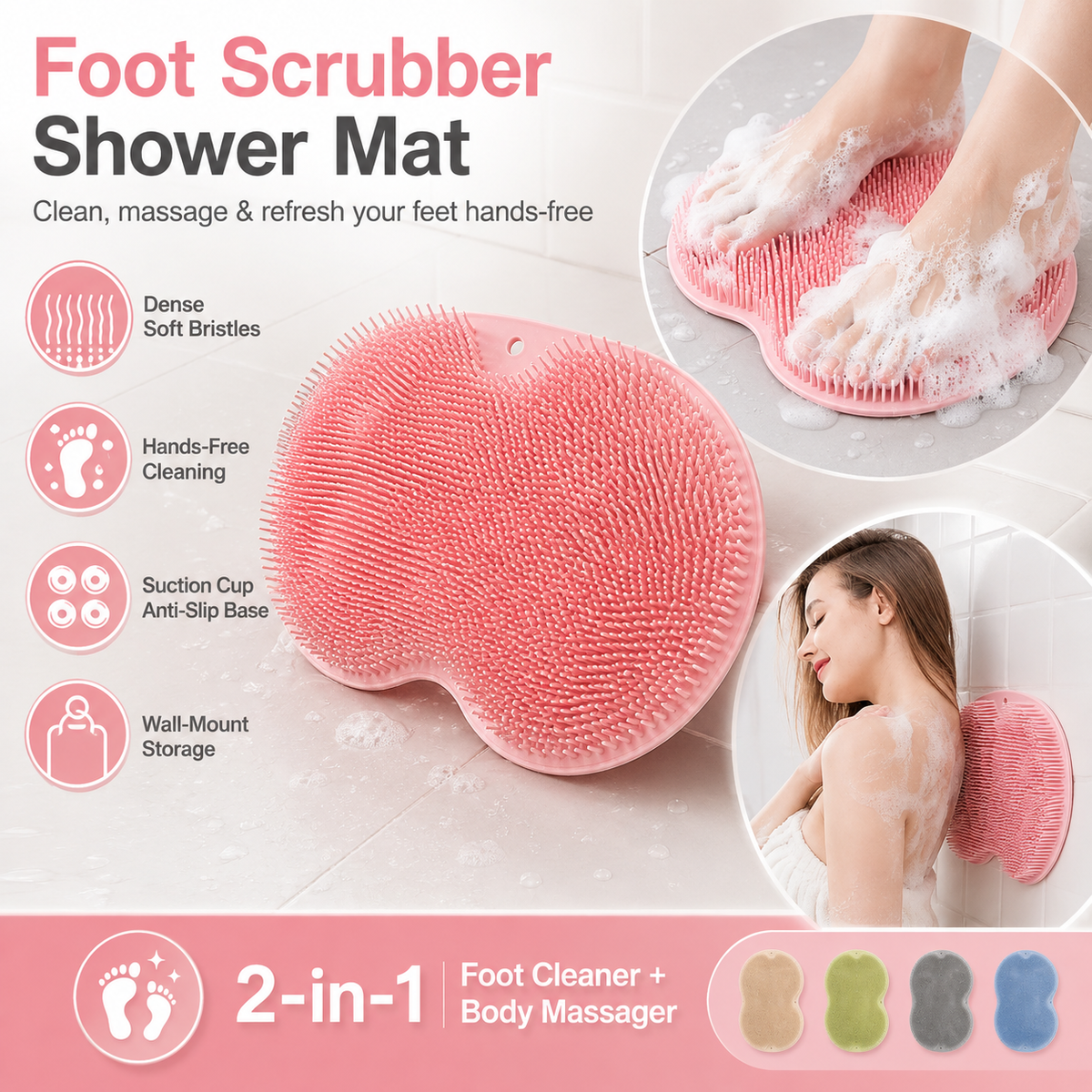 🚿 Shower Foot & Back Scrubber with Massage Pad – Dual-sided, non-slip & easy to use – Deep clean & refresh in every shower ✨
