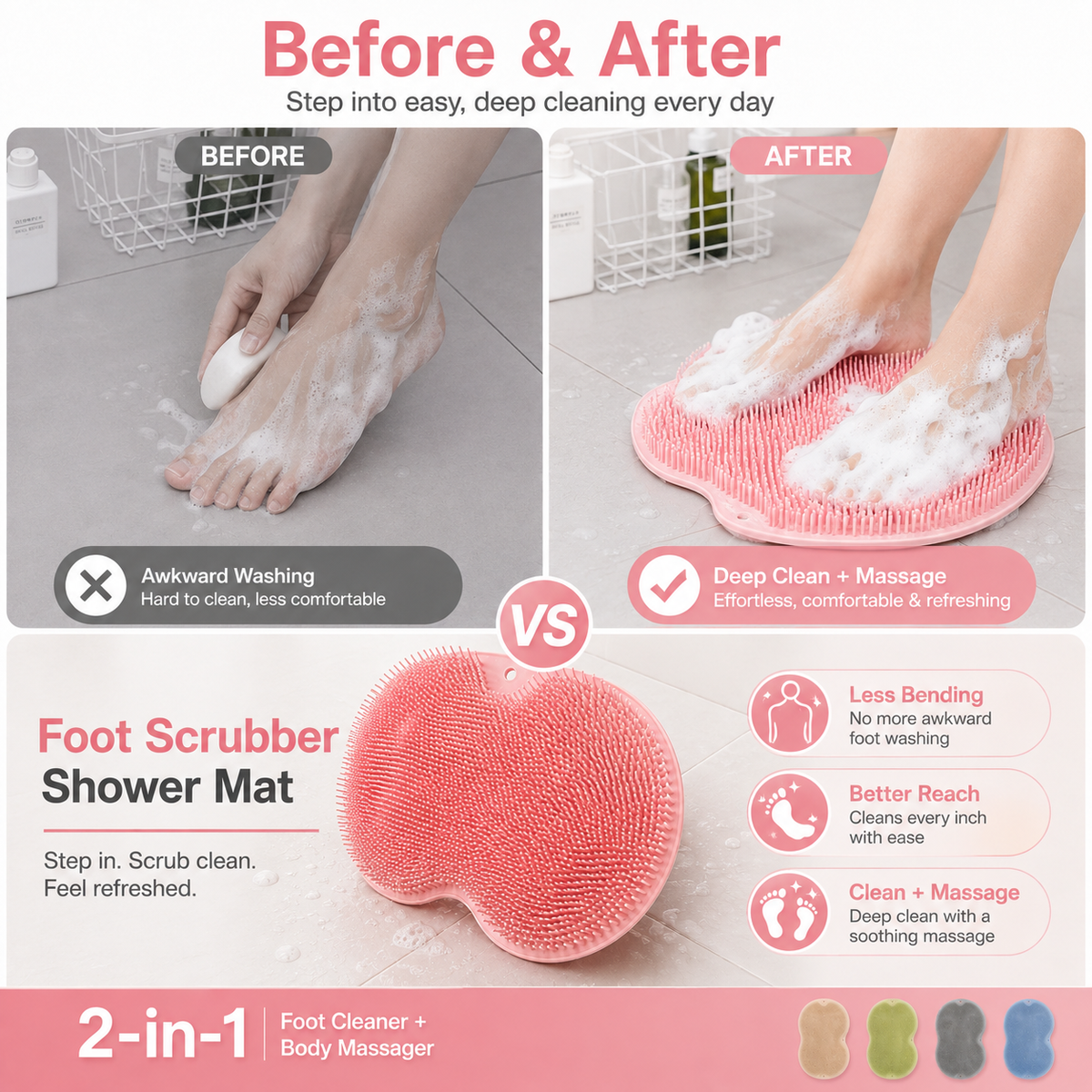 🚿 Shower Foot & Back Scrubber with Massage Pad – Dual-sided, non-slip & easy to use – Deep clean & refresh in every shower ✨