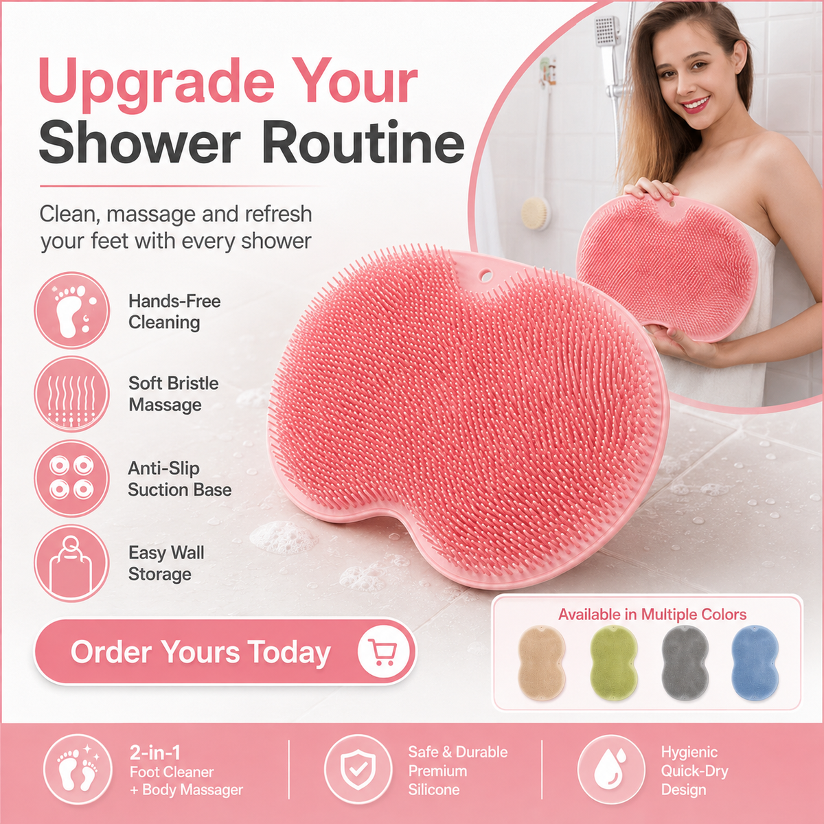 🚿 Shower Foot & Back Scrubber with Massage Pad – Dual-sided, non-slip & easy to use – Deep clean & refresh in every shower ✨