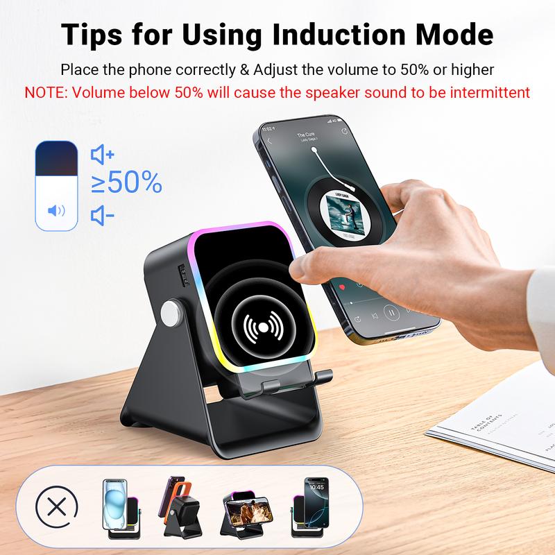Wireless Induction Speaker 5-in-1 Bluetooth Speaker with Phone Stand,Stereo Sound, 3500mAh Rechargeable, 8 RGB Ambient Light, 360° Adjustable Holder for iPhone/Android/iPad