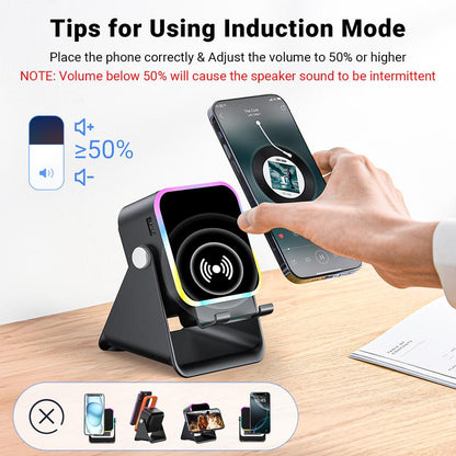 Wireless Induction Speaker 5-in-1 Bluetooth Speaker with Phone Stand,Stereo Sound, 3500mAh Rechargeable, 8 RGB Ambient Light, 360° Adjustable Holder for iPhone/Android/iPad