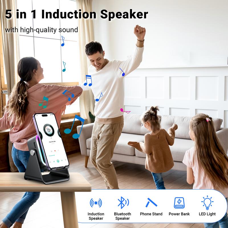 Wireless Induction Speaker 5-in-1 Bluetooth Speaker with Phone Stand,Stereo Sound, 3500mAh Rechargeable, 8 RGB Ambient Light, 360° Adjustable Holder for iPhone/Android/iPad