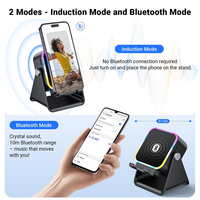 Wireless Induction Speaker 5-in-1 Bluetooth Speaker with Phone Stand,Stereo Sound, 3500mAh Rechargeable, 8 RGB Ambient Light, 360° Adjustable Holder for iPhone/Android/iPad
