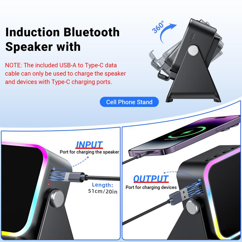 Wireless Induction Speaker 5-in-1 Bluetooth Speaker with Phone Stand,Stereo Sound, 3500mAh Rechargeable, 8 RGB Ambient Light, 360° Adjustable Holder for iPhone/Android/iPad