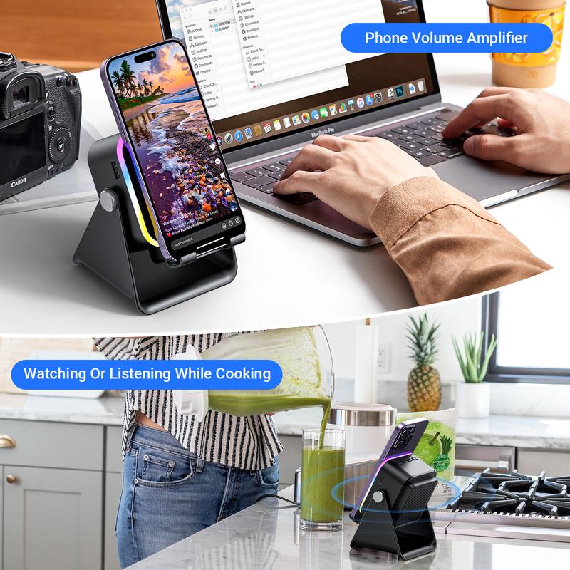 Wireless Induction Speaker 5-in-1 Bluetooth Speaker with Phone Stand,Stereo Sound, 3500mAh Rechargeable, 8 RGB Ambient Light, 360° Adjustable Holder for iPhone/Android/iPad