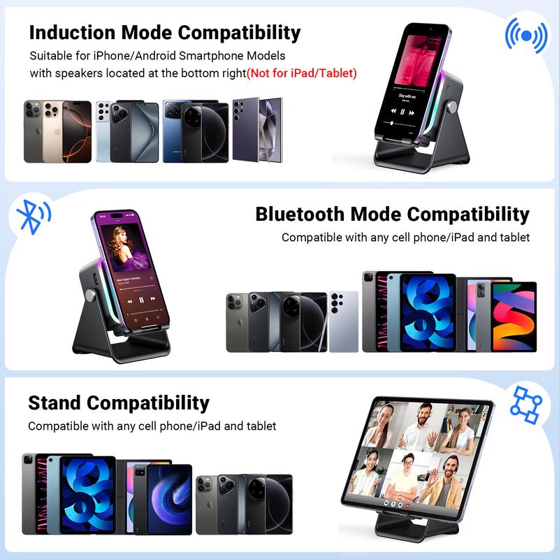 Wireless Induction Speaker 5-in-1 Bluetooth Speaker with Phone Stand,Stereo Sound, 3500mAh Rechargeable, 8 RGB Ambient Light, 360° Adjustable Holder for iPhone/Android/iPad