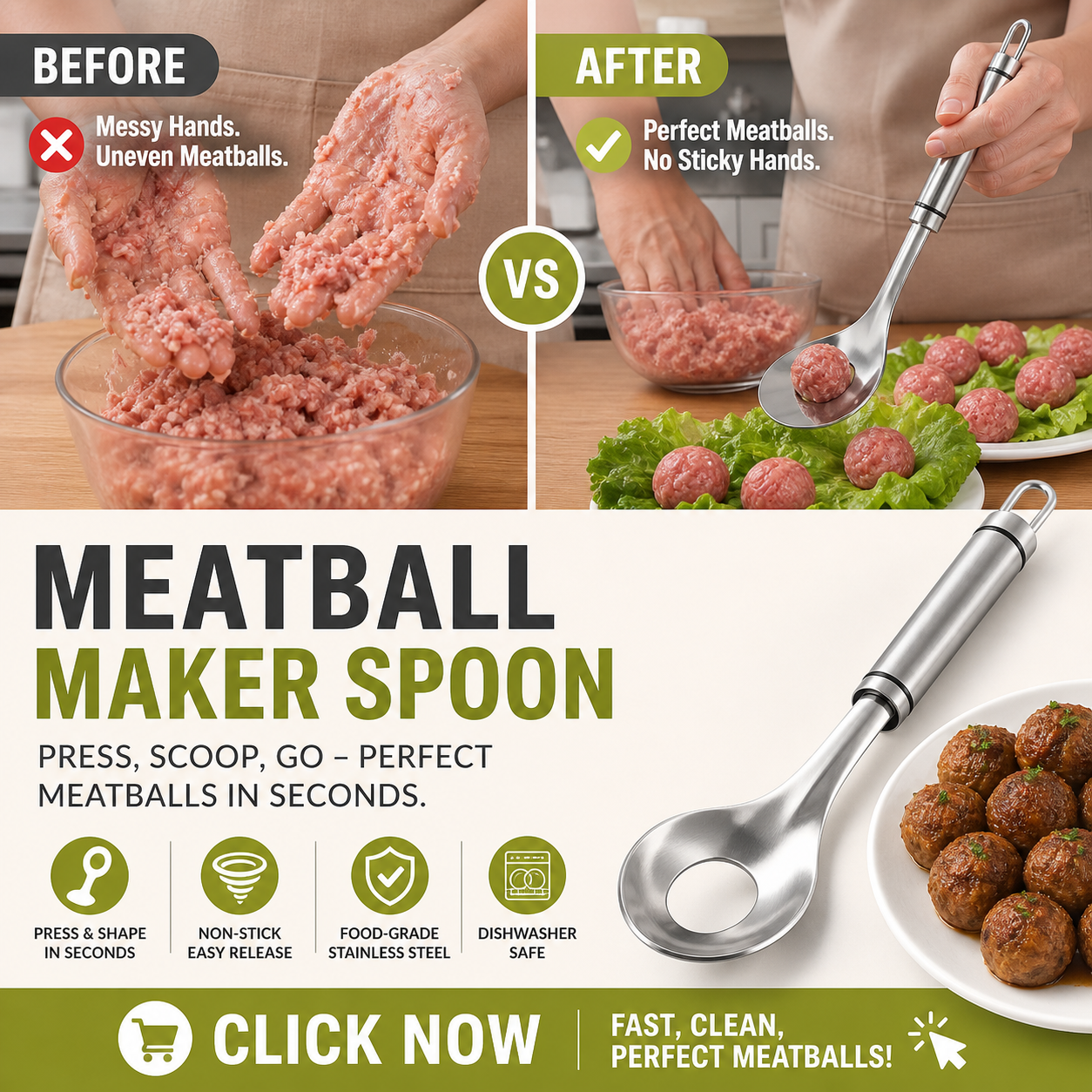 🥳HOT SALE🥳💞10K+ SOLD! Meatball Spoon – From £5.99! Non-stick, scoop & drain – perfect gift. Mess-free cooking – grab yours! ✅