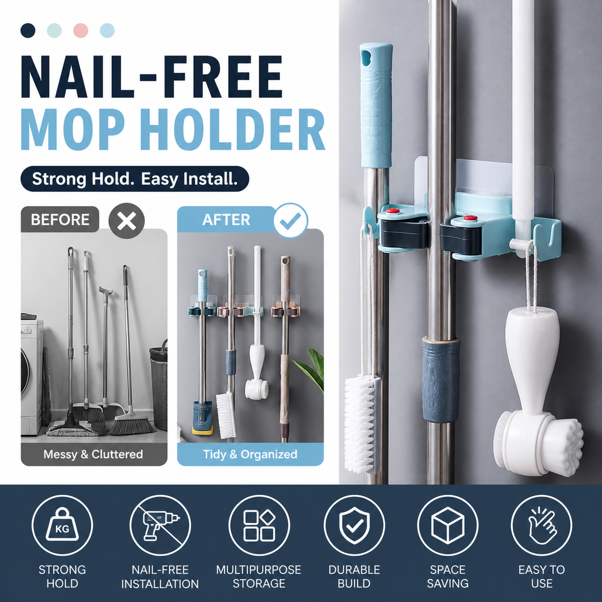🥳HOT SALE🥳💞50K+ SOLD! Mop Clip Holder – From £6.98! Nail-free adhesive, holds 3kg & 2 hooks. Tidy space instantly – grab yours! ✅