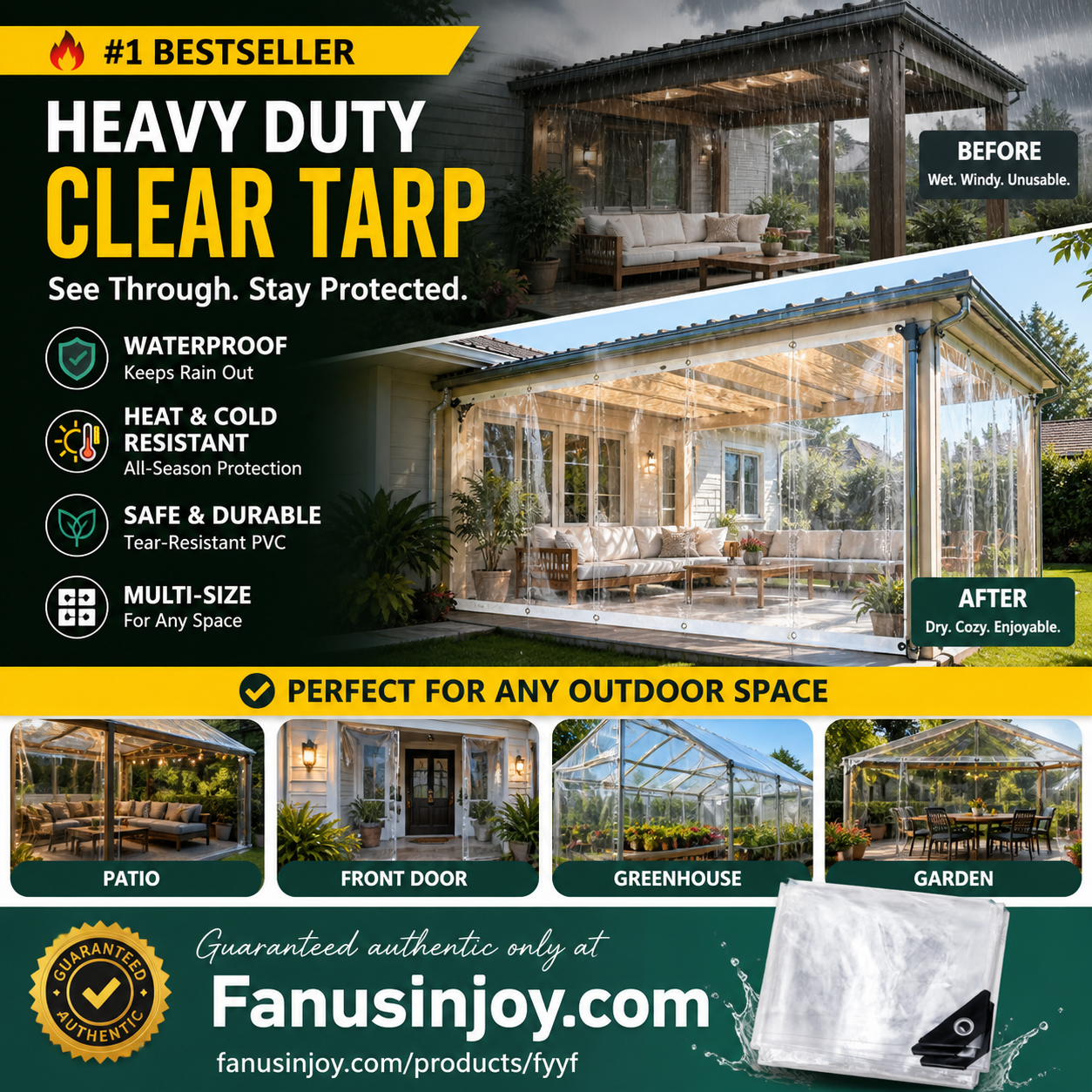 🔥FLASH SALE🔥 Heavy Duty Clear Tarp – 14 Mil PVC, Weatherproof, Tear-Resistant, UV & Mildew Proof – Patio, Camping & More! 🛡️🌧️