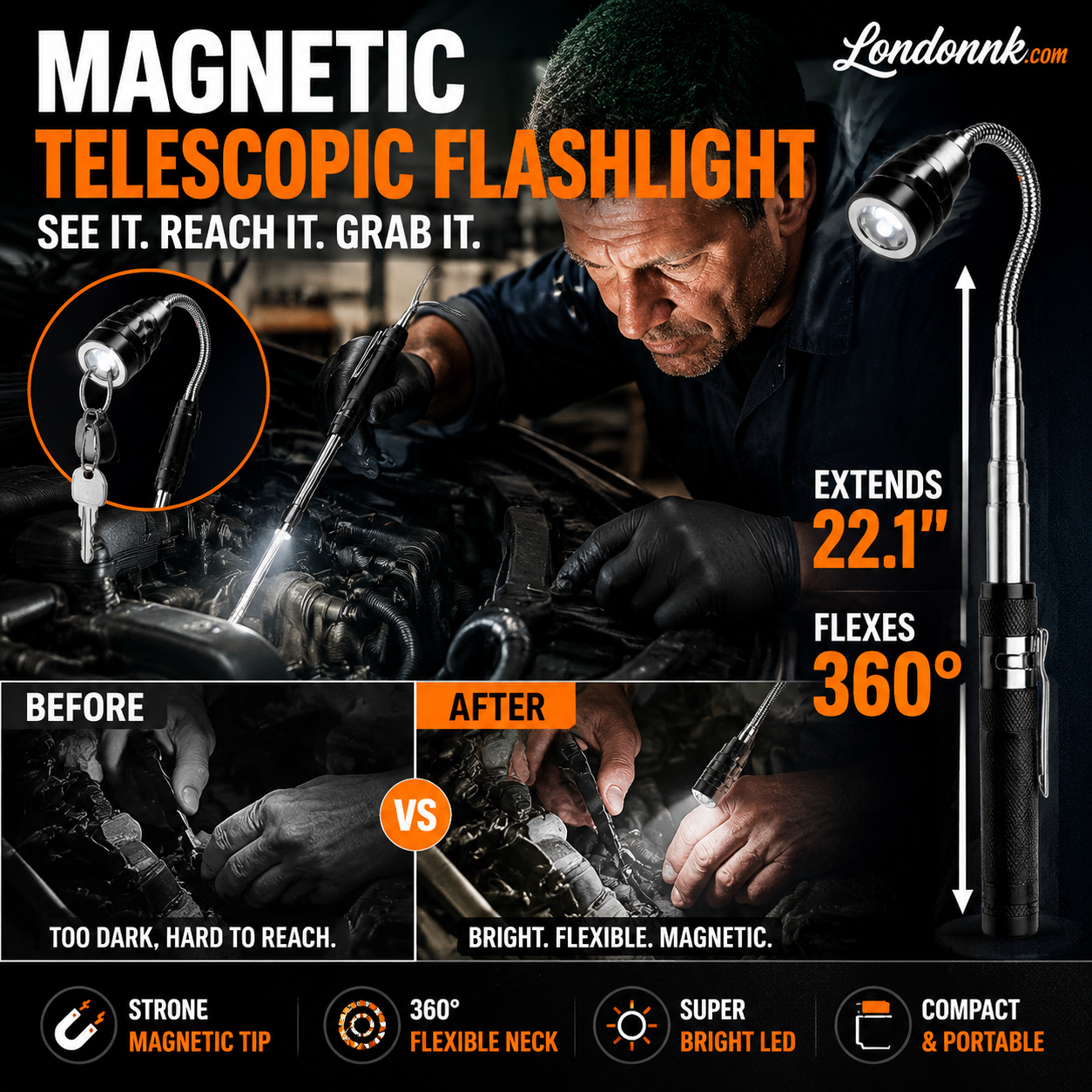⏳Time-Limited Special⏰Multifunctional Magnetic Telescopic Flashlight – Extendable, 360° Gooseneck, Super Bright 🛠️