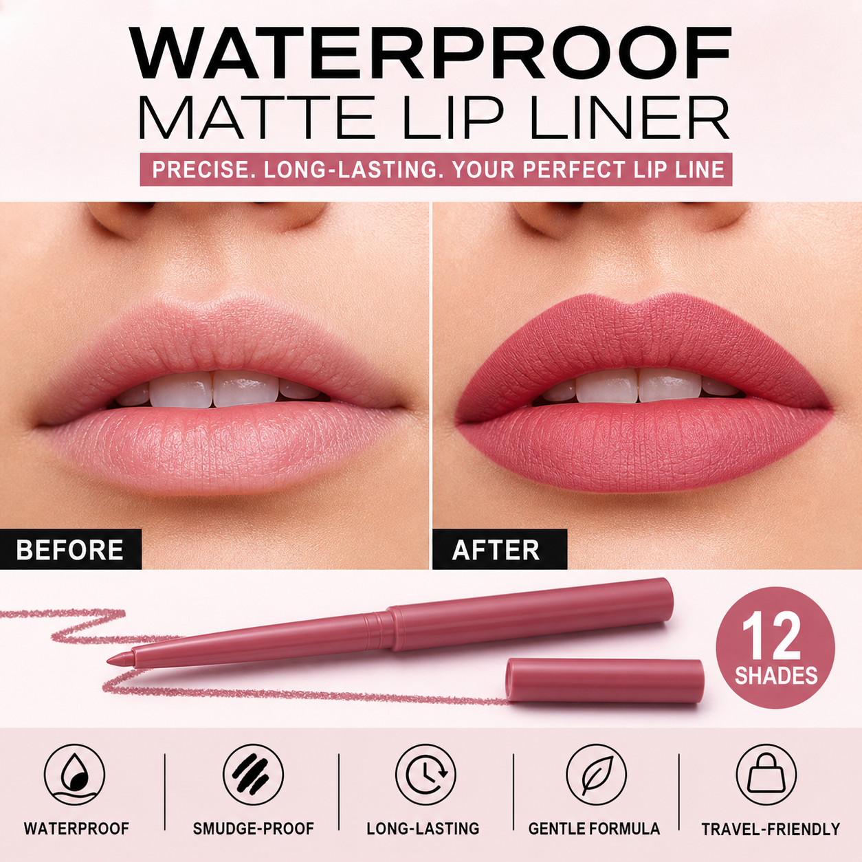 ⏰50% OFF – LAST CHANCE⏰ Waterproof Matte Lip Liner Set – 12 Shades, Smudge-Proof – Long-Lasting, Gentle Formula – Slim & Portable! 🔥