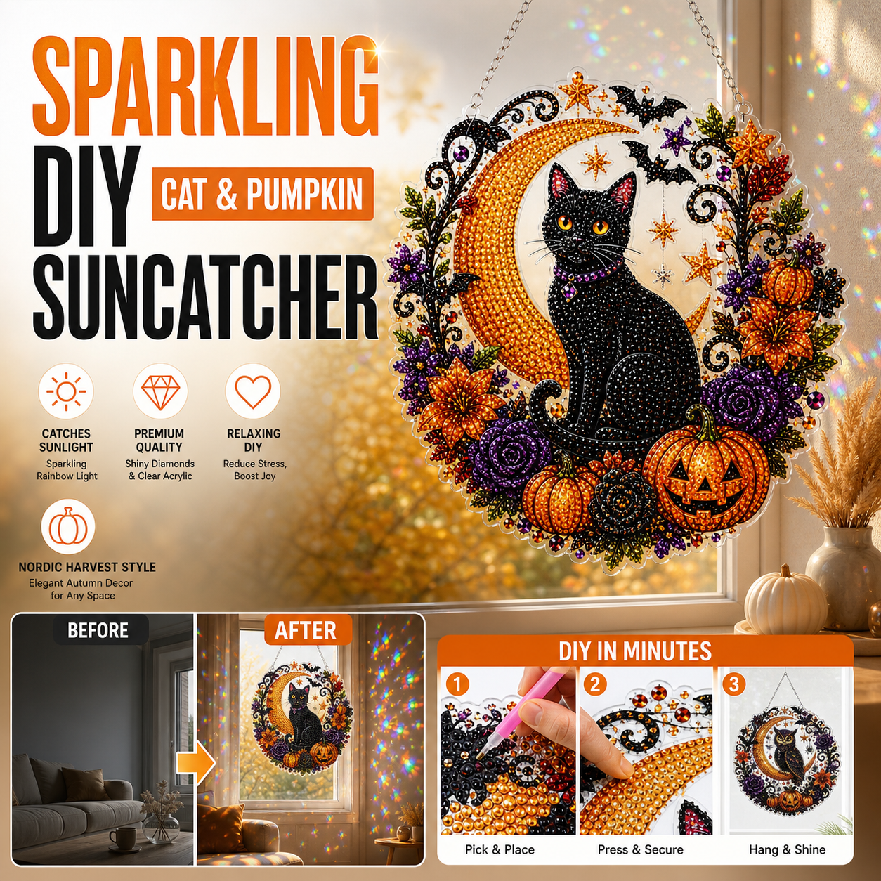 🥳HOT SALE🥳💞12K+ SOLD! Halloween Ornament – From £12.99! DIY suncatcher, resin beads & cat/pumpkin design. Festive craft – grab yours! ✅