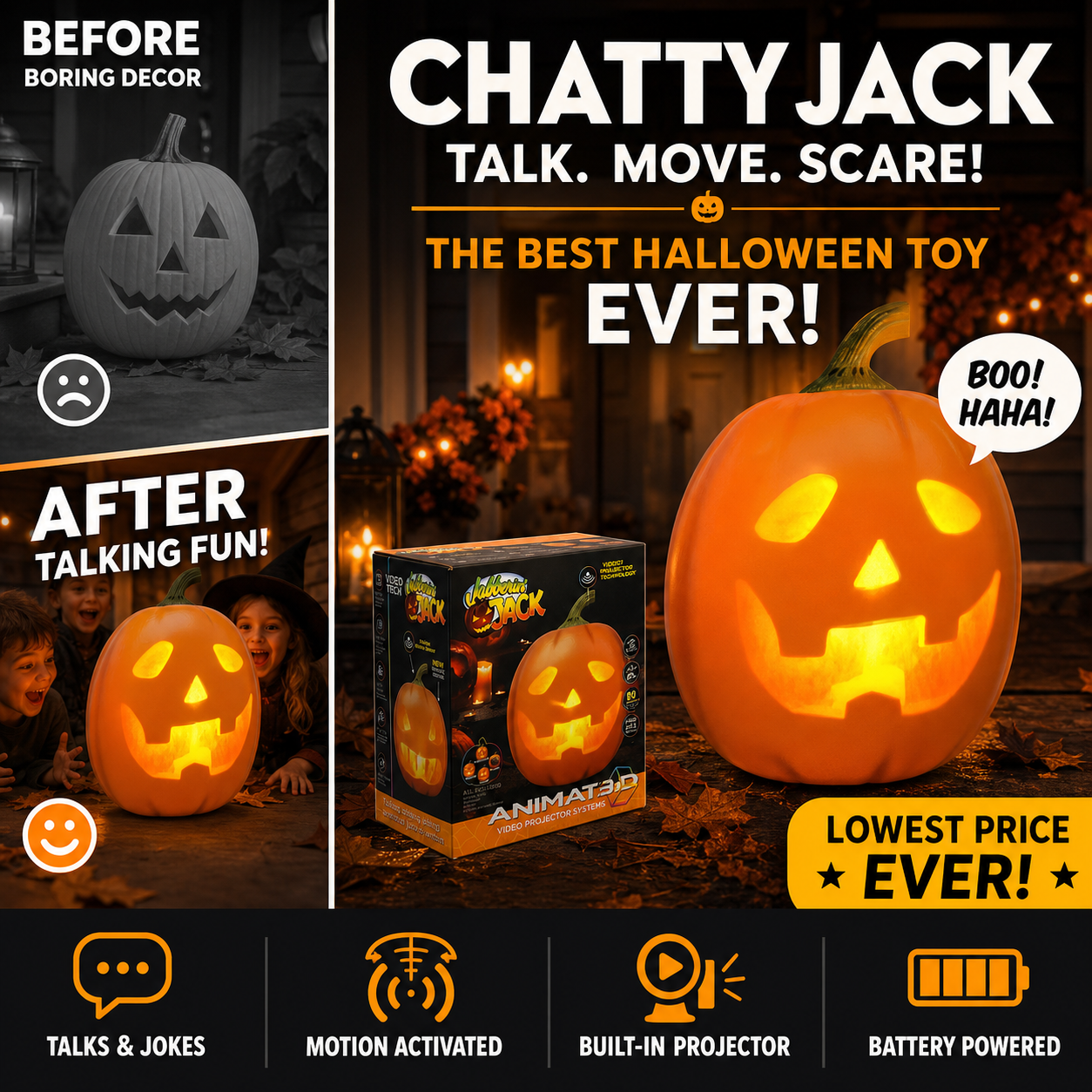 🎁Lowest Price Ever⏰Jabberin' Jack Animated Talking & Singing Pumpkin