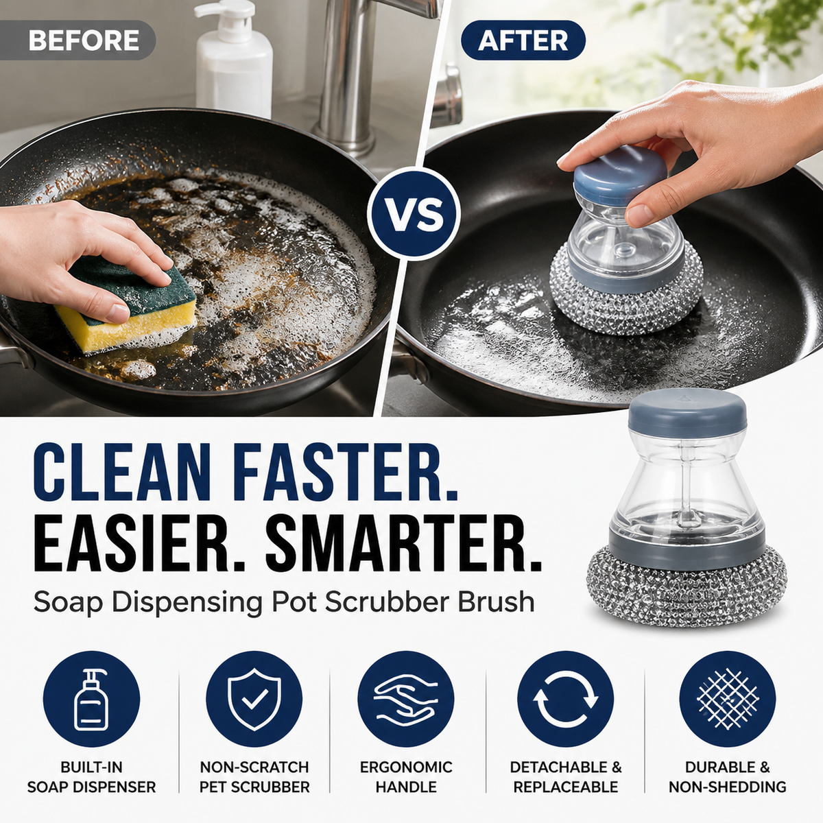 🥳HOT SALE🥳💞10K+ SOLD! Scrubber Brush – From £4.99! Built-in soap, non-scratch & ergonomic. Clean pots easily – grab yours! ✅