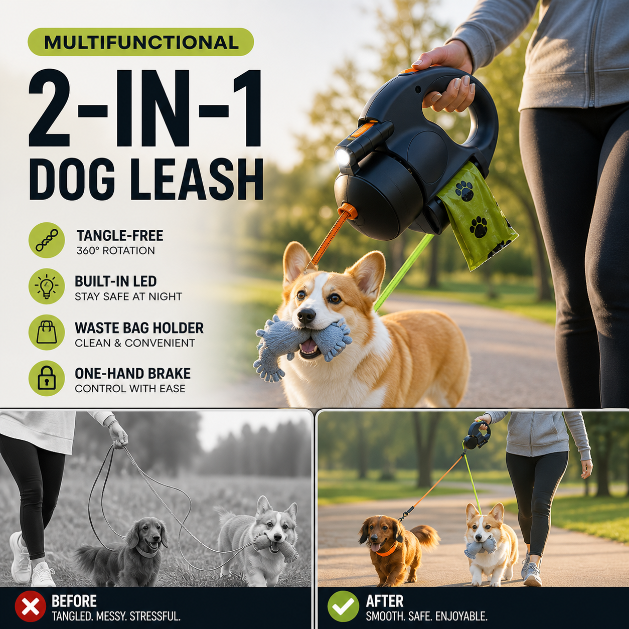 ⏰HOT SALE – LAST CHANCE⏰ Multi-Functional Pet Walking Leash – Retractable 3m, Reflective – Flashlight & Waste Bag Holder – Comfort Grip! 🔥