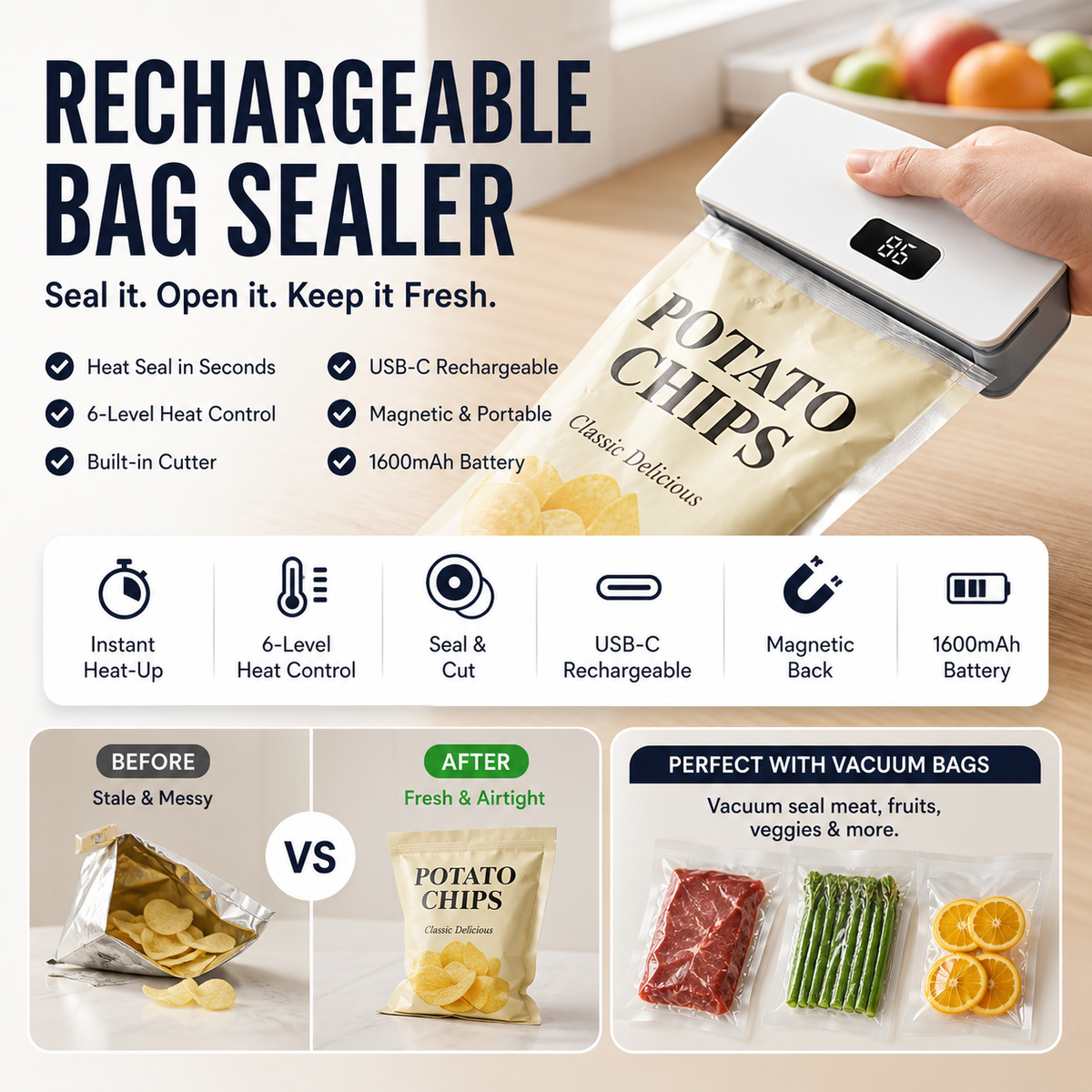 🥳2026 HOT SALE🥳💞50K+ SOLD!⏰⚡ 50% OFF! Rechargeable Bag Sealer – No batteries needed, USB-C charging. Magnetic back for fridge storage. 6 heat settings for any bag. Keeps food fresh longer. 🧊✨