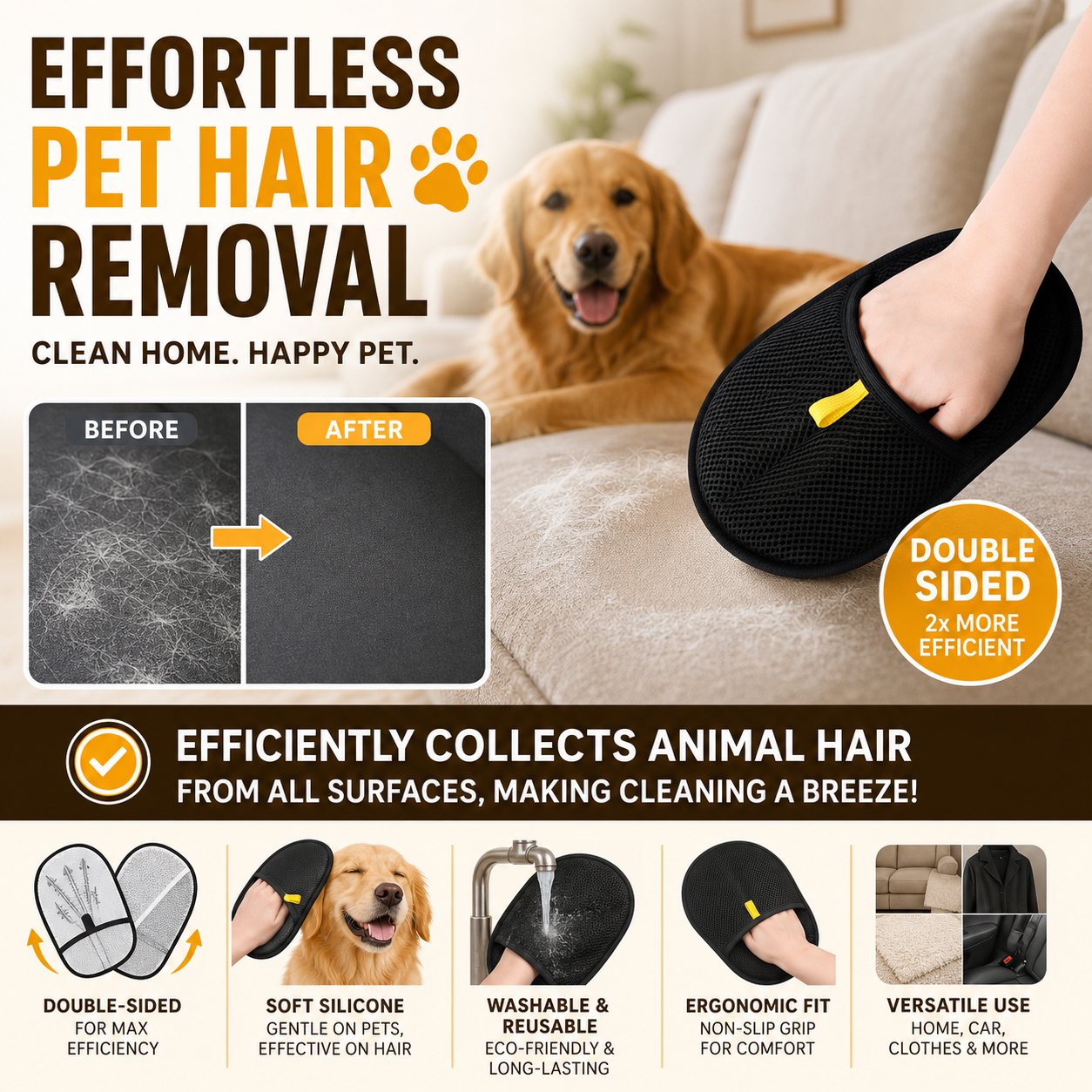 🐾🧤 Pet Hair Remover Electrostatic Gloves – Double-Sided Efficient, Soft Silicone & Washable Reusable (Versatile Home+Car)!