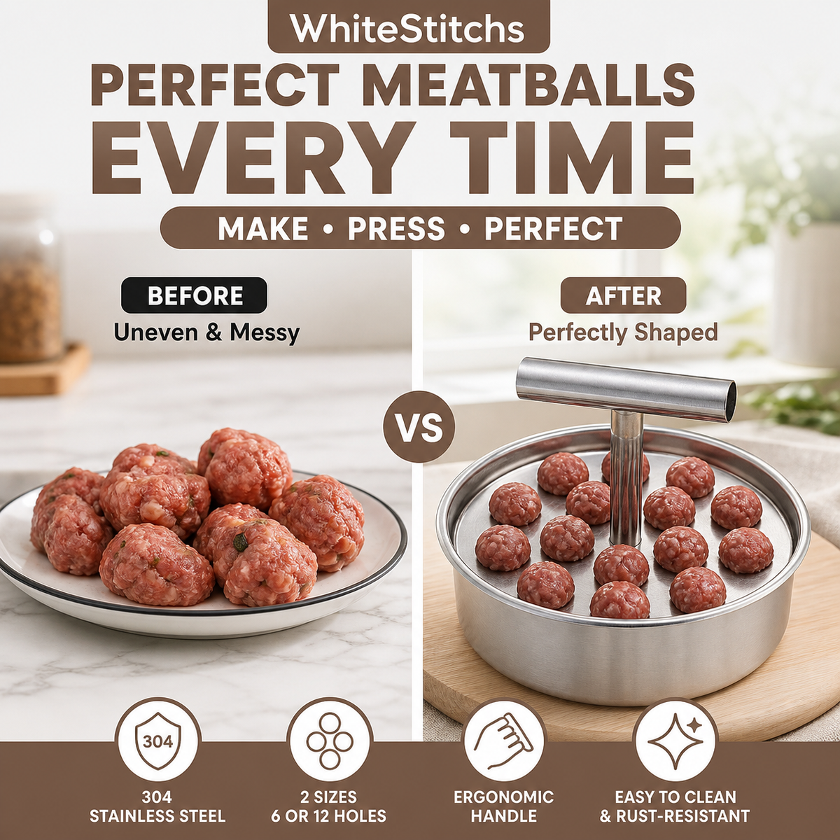 🥳HOT SALE🥳💞50K+ SOLD! Meatball Mould – From £8.99! 304 steel, 6/12 holes & ergonomic. Perfect balls every time – grab yours! ✅