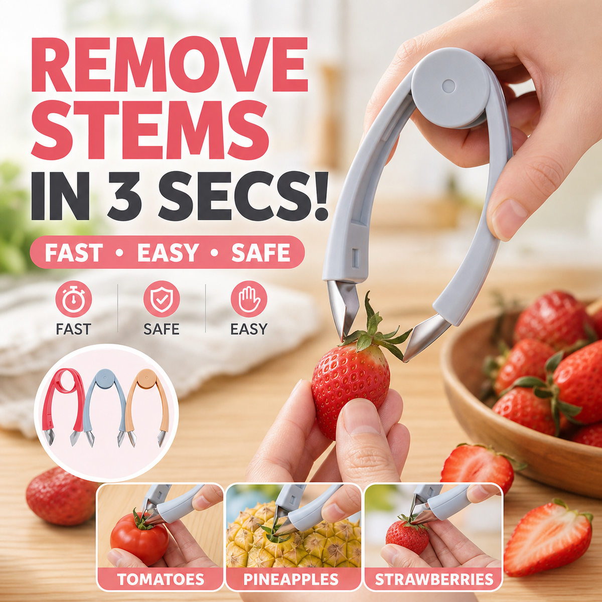 🥳HOT SALE🥳💞50K+ SOLD! Fruit Stem Remover – BUY 2 GET 1 FREE! 3-second hulling, food-grade & safe. Prep fast – grab yours! ✅