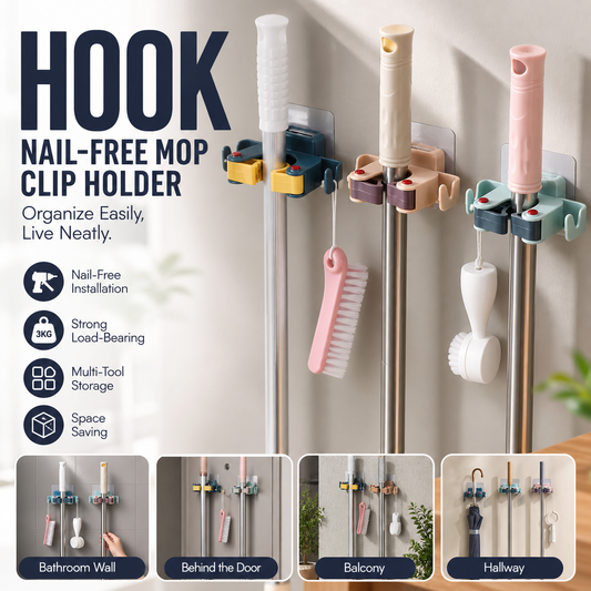 🥳HOT SALE🥳💞50K+ SOLD! Mop Clip Holder – From £6.98! Nail-free adhesive, holds 3kg & 2 hooks. Tidy space instantly – grab yours! ✅