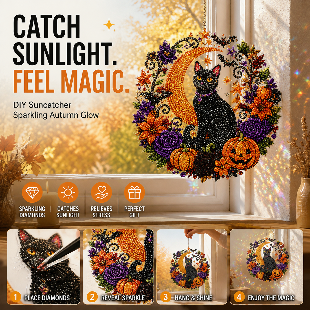 🥳HOT SALE🥳💞12K+ SOLD! Halloween Ornament – From £12.99! DIY suncatcher, resin beads & cat/pumpkin design. Festive craft – grab yours! ✅