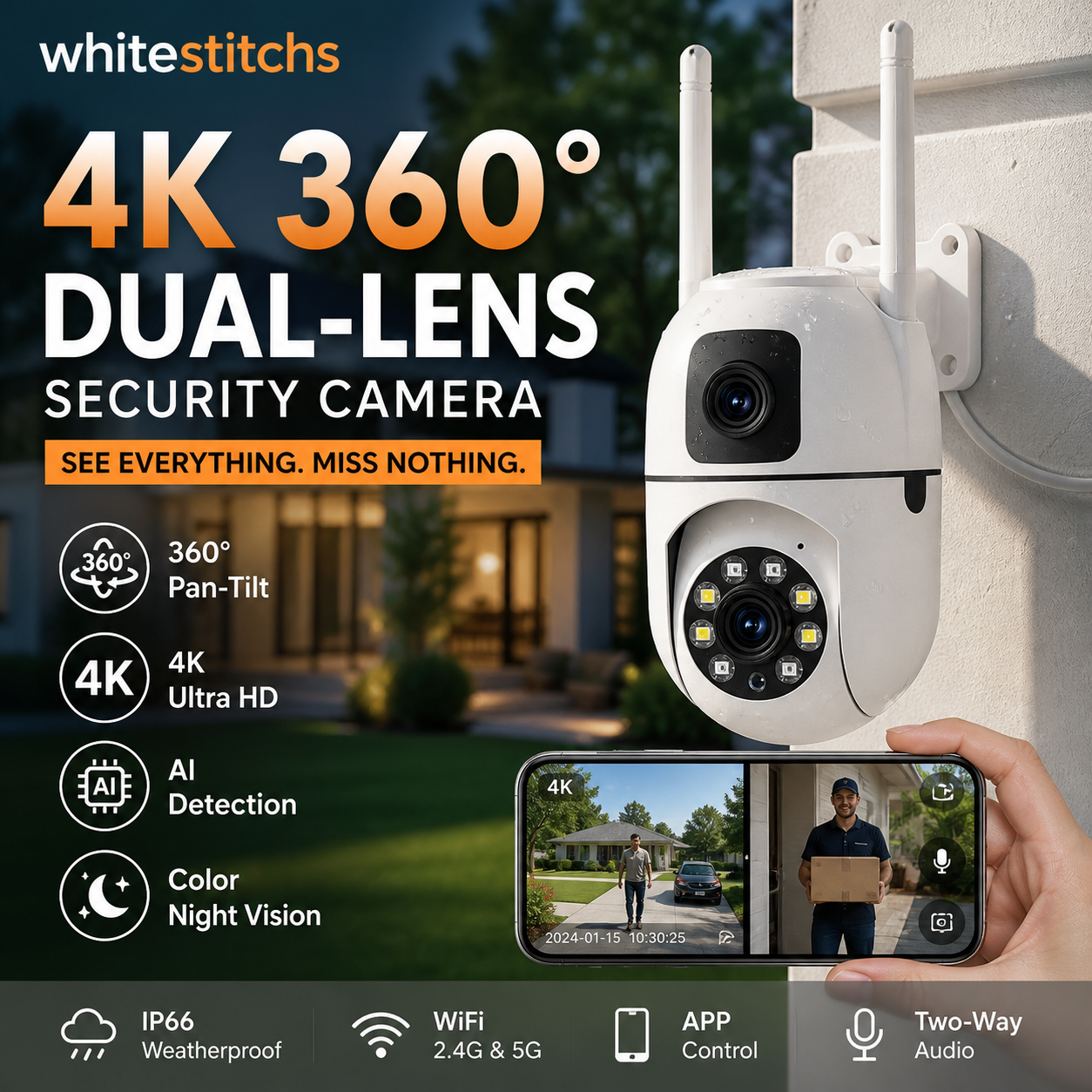 🔍🔍360° Pan & Tilt 4K Dual Lens Security Camera – Outdoor WiFi Surveillance Camera