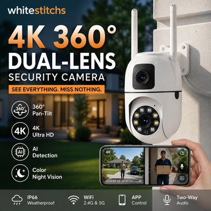 🔍🔍360° Pan & Tilt 4K Dual Lens Security Camera – Outdoor WiFi Surveillance Camera